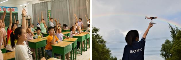 孩子們踴躍回答問題（左）；大學生放飛航模（右）
