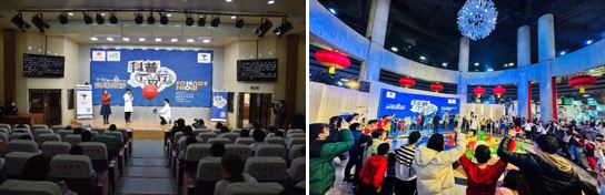 天津聾人學(xué)校-“漂浮系列”表演（左）；           天津科技館-“靜電杯”互動（右）