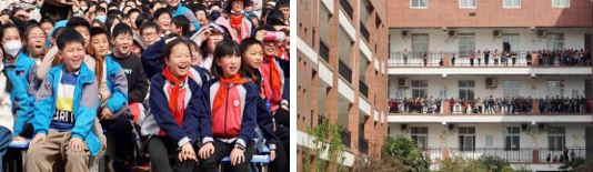 興高采烈看表演的同學(xué)們<左>                  沒能參與的同學(xué)們課間圍觀活動<右>