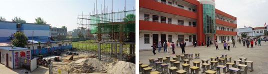 五年前在建的黃湖小學(xué)<左>                            現(xiàn)在建成的學(xué)校外觀<右>