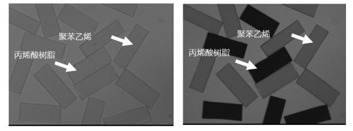 用UV光分揀丙烯酸樹脂（PMMA）和聚苯乙烯(PS)（左為可見光，右為UV光）